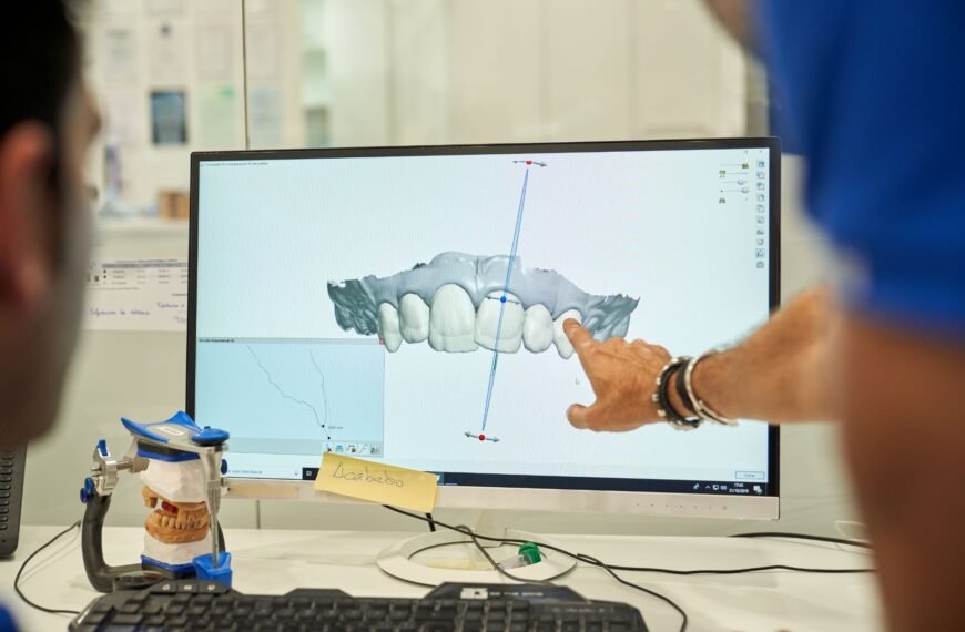 3D digital orthodontic treatment planning displayed on a computer screen during a dental consultation for clear aligner smile design